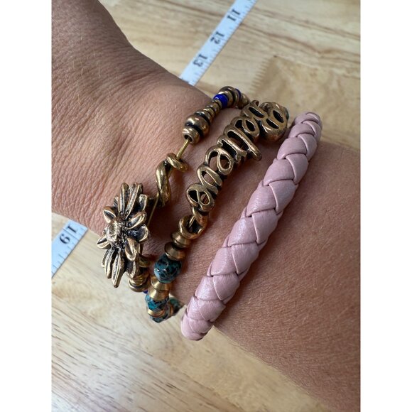 Alex & Ani Set Of 3 Memory Wire & Beaded Bracelets With Pink Braided Leather Tur - Picture 4 of 9